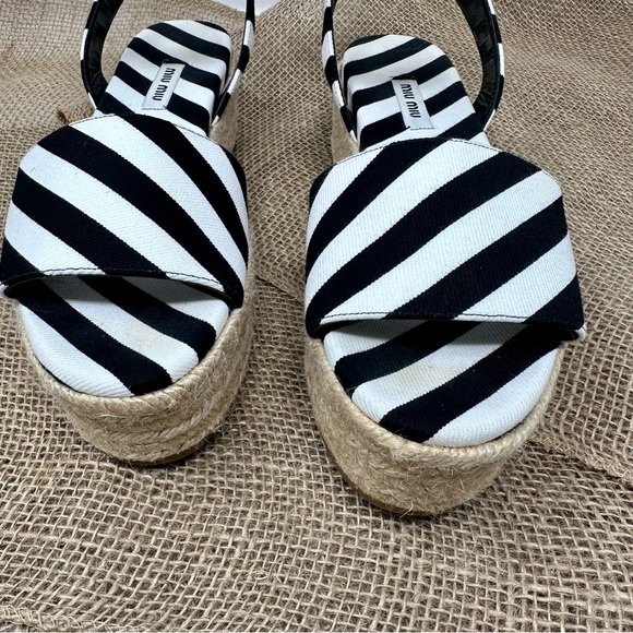 MIU MIU Black and White Striped Canvas Platform Espadrilles Wedges - Picture 6 of 10
